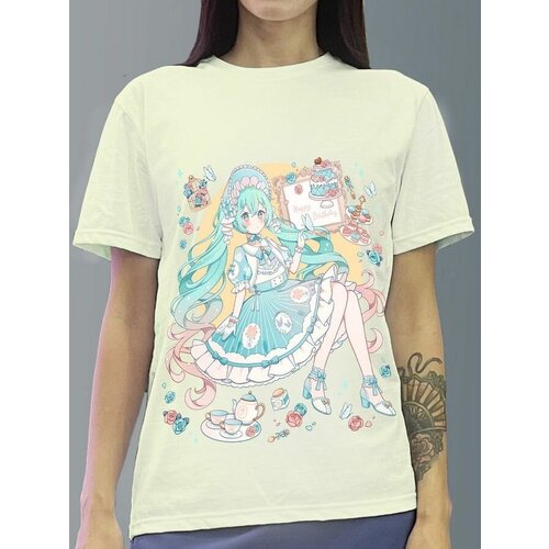 фото Футболка женская белая молочный оттенок из хлопка с dtf рисунком вокалоид - 896 будь на стиле