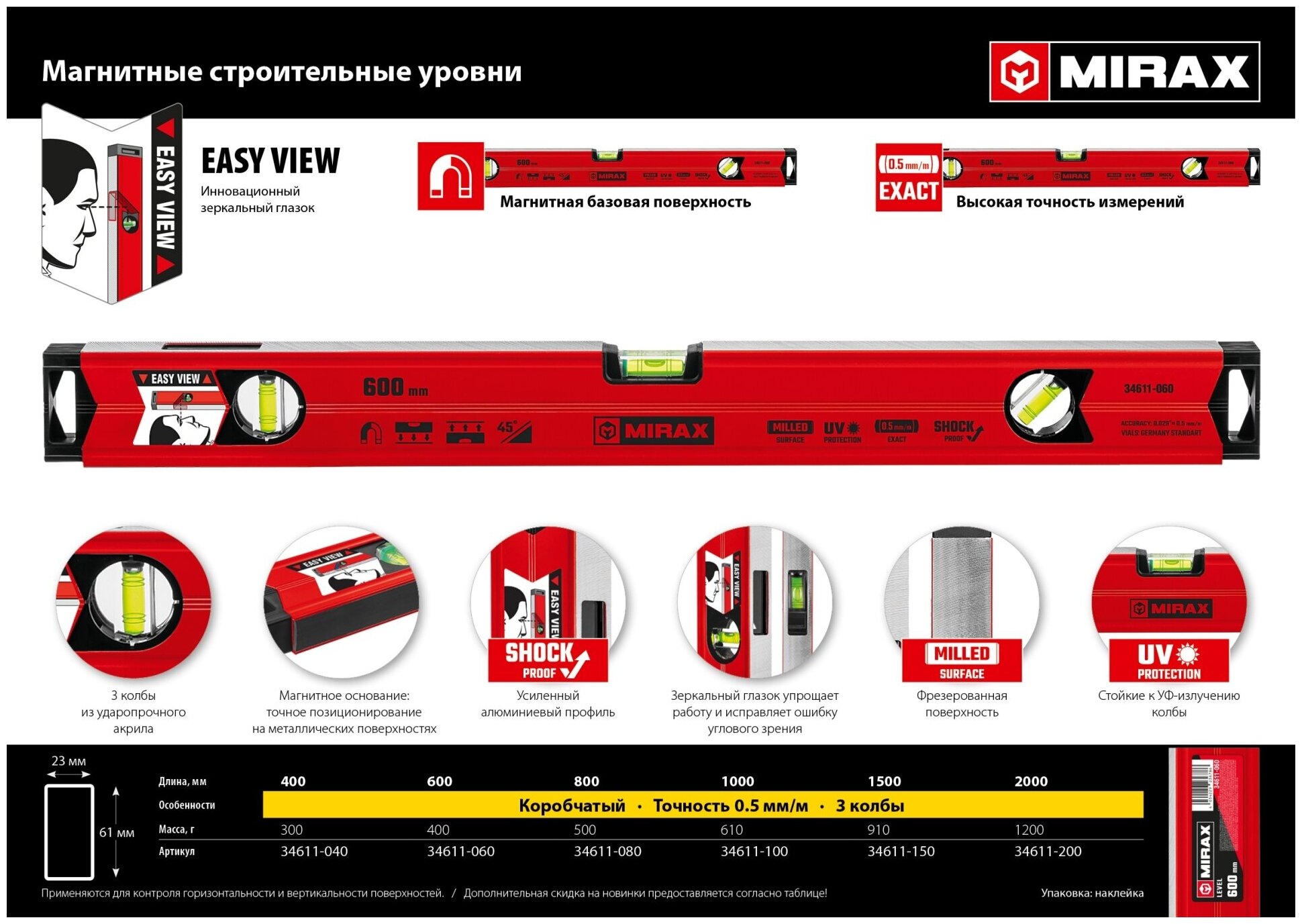 MIRAX 2000 мм, с зеркальным глазком, магнитный уровень (34611-200)