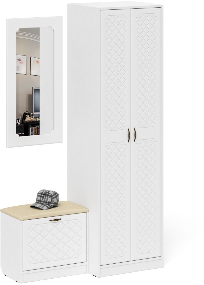 Шкаф две двери с обувницей и зеркалом П-6, цвет белая шагрень/фасады МДФ белое дерево фрезеровка ромб, ШхГхВ 120х50х210 см, универсальная сборка