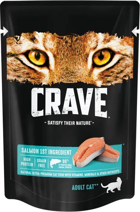 Crave корм влажный пауч для кошек Лосось 70г (30штук)