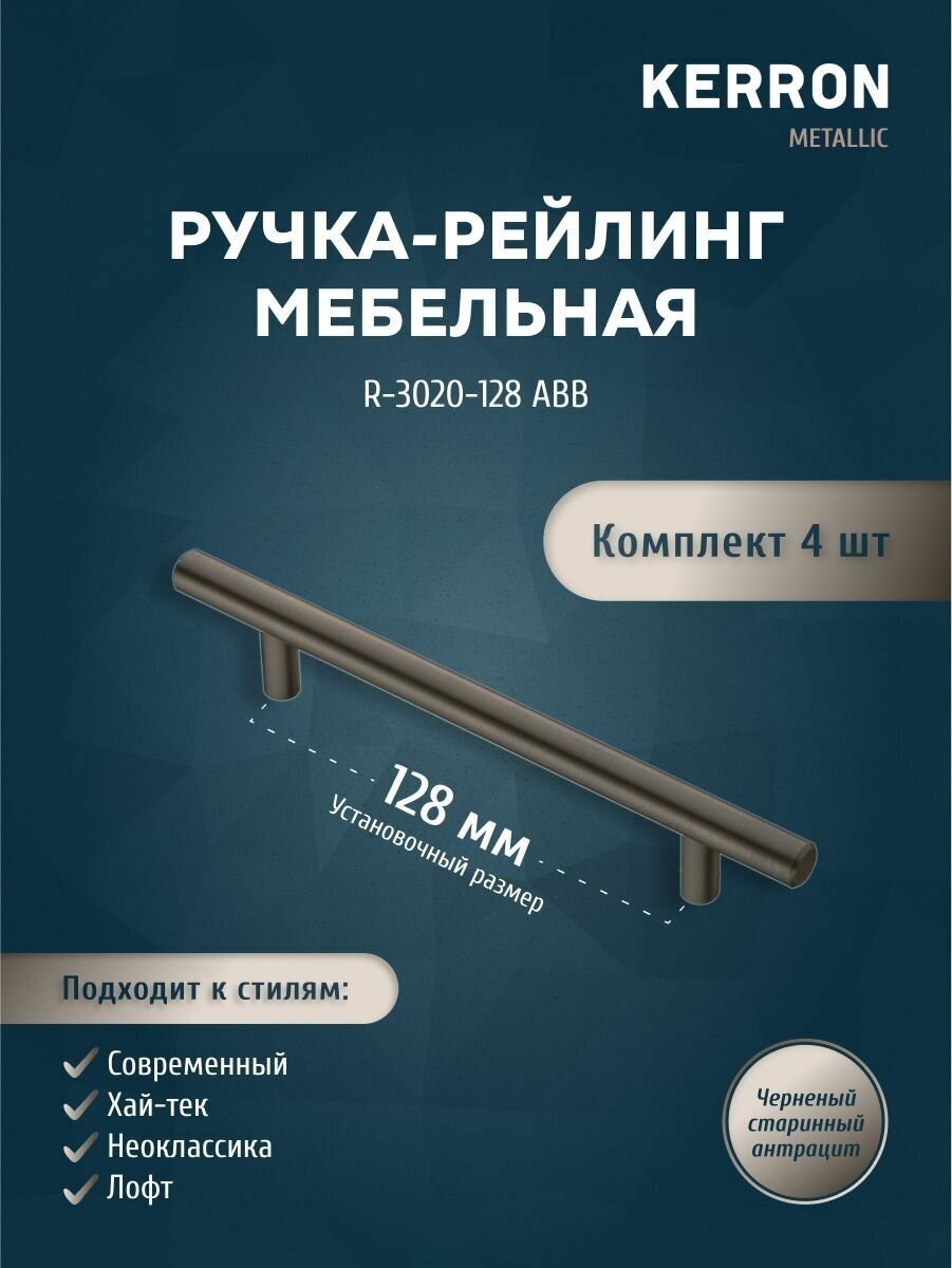 Мебельная ручка-рейлинг KERRON. Комплект из 4 шт. для ящика в шкафу и кухне. Цвет черненый старинный антрацит, установочный размер 128 мм