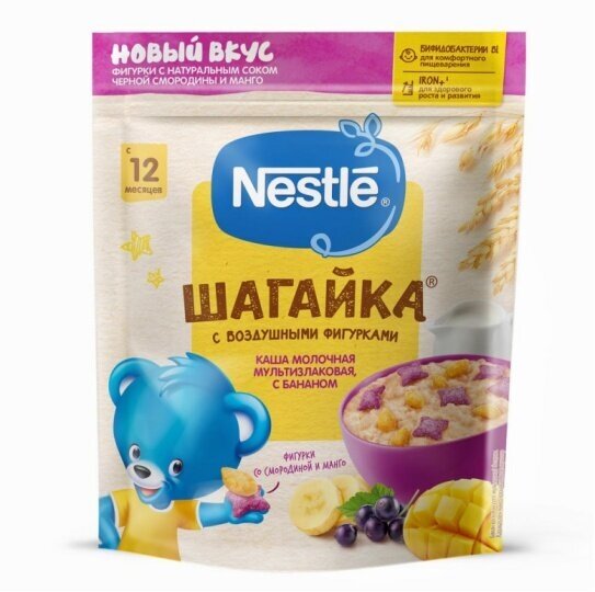 Каша молочная Nestle "Шагайка" мультизлаковая с бананом и пшеничными фигурками с черной смородиной и манго (с 12 мес) 190 г