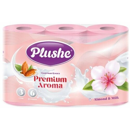 Туалетная бумага Plushe Premium Aroma Almond & Milk 3 слоя, 6 рулонов