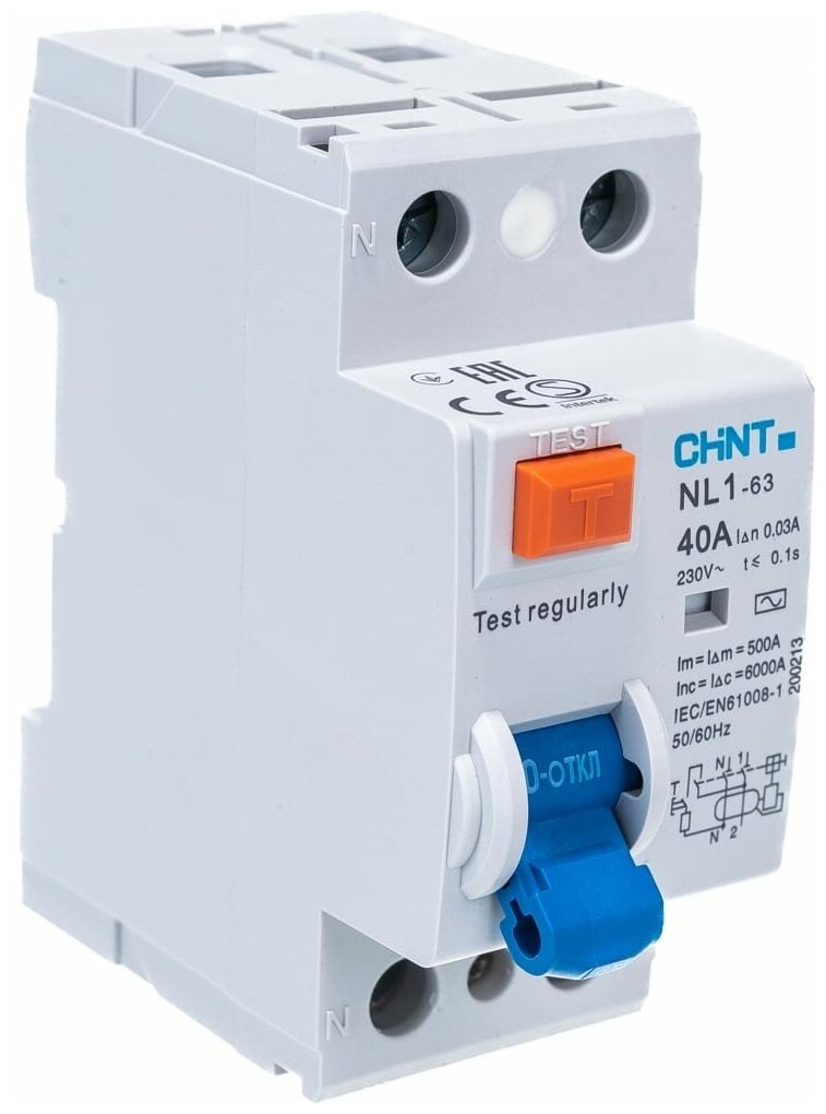 Устройство защитного отключения CHINT NL1-63 6kA 2P 40A 30mA тип AC 200213