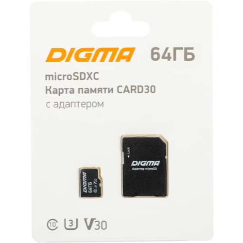 Карта памяти Digma microSDXC 64Gb Class10 CARD30 + adapter флеш карта microsdxc 512gb class10 silicon power sp512gbstxda2v20sp superior adapter