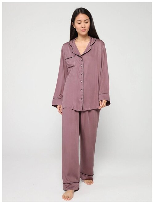 Пижама женская домашняя (шелк и вискоза), Цвет черный, Комплект рубашка и брюки, Размер 44