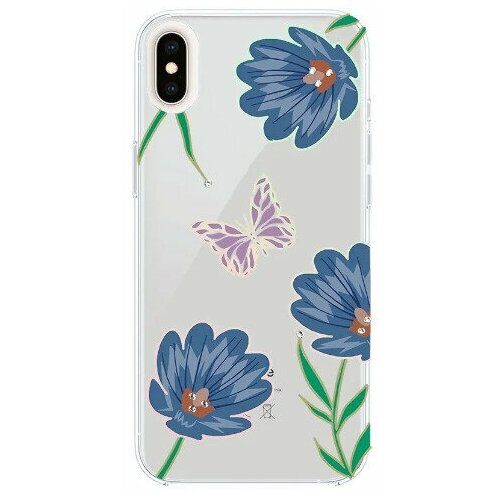 Чехол Devia для iPhone Xs, iPhone X Blossom Crystal Series Case, прозрачный с синими цветками