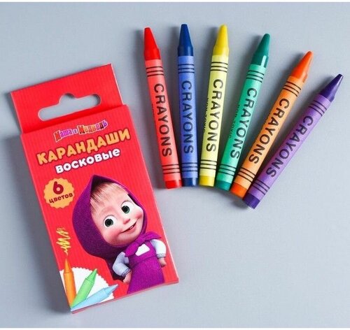 Восковые карандаши Маша и медведь , набор 6 цветов, высота 1 шт - 8 см, диаметр 0,8 см