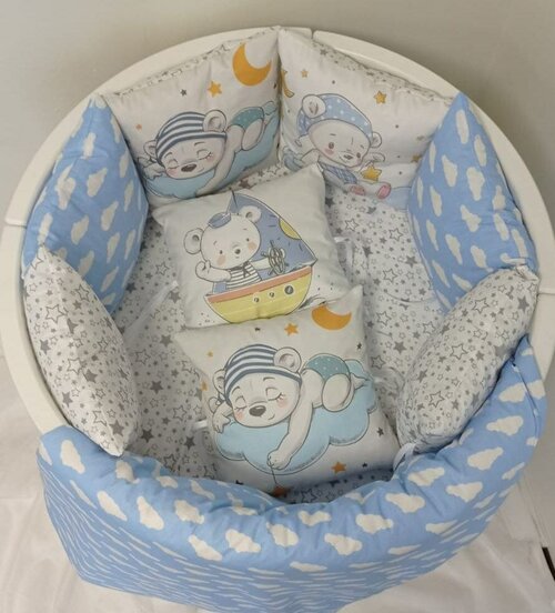 Постельное белье детское в кроватку и бортики защитные, для новорожденного комплект Мишка в облаках