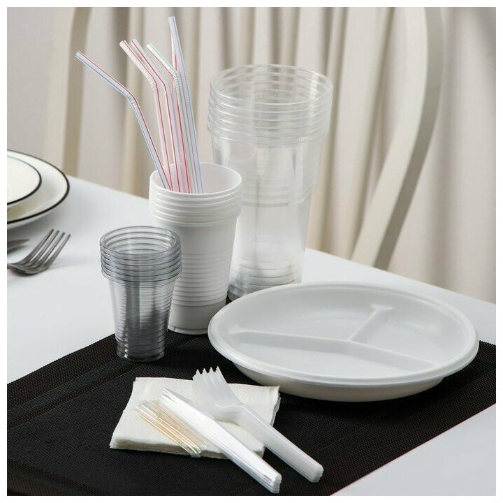 Набор одноразовой посуды на 6 персон «Биг-Пак №2», тарелки, стаканчики, вилки, ножи, трубочки, бумажные салфетки, зубочистки, белый