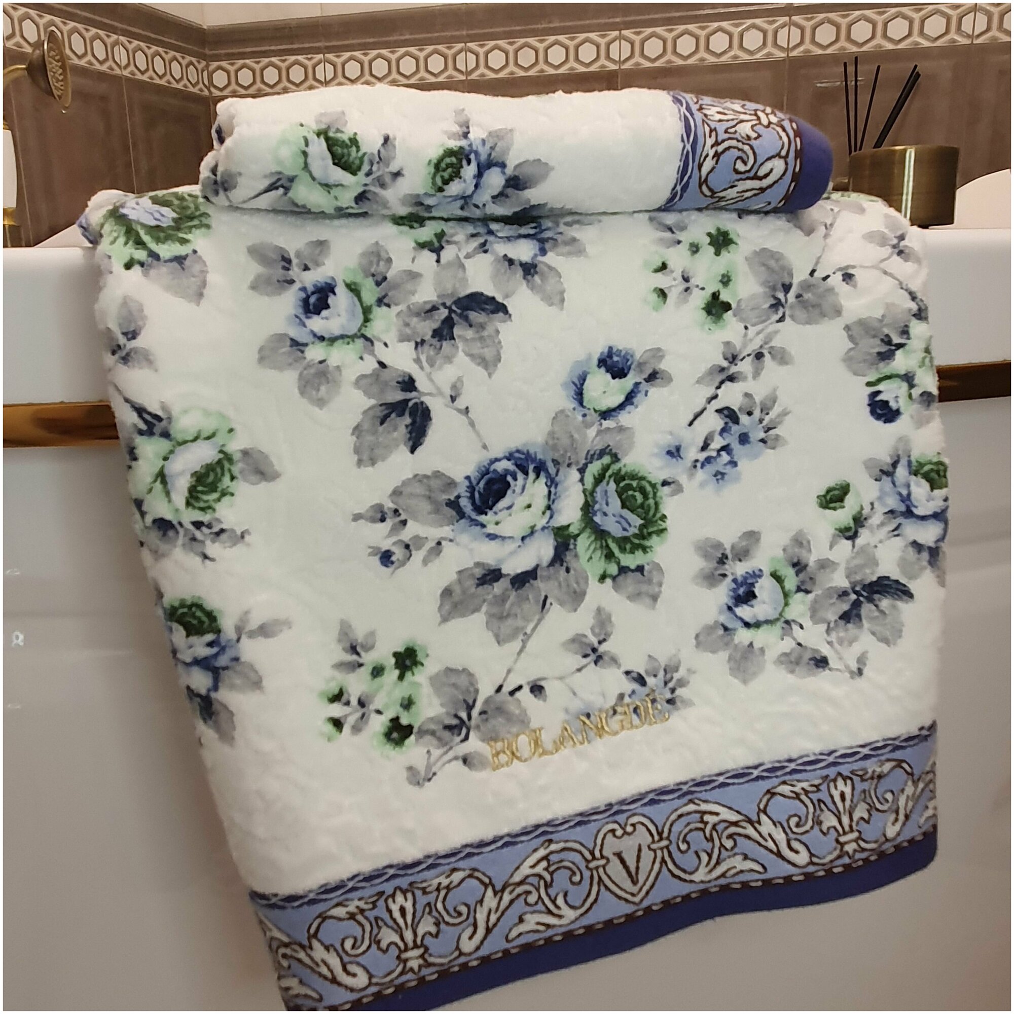 Набор махровых полотенец 2 шт для лица и рук, чайная роза, синий, размер 34х78 2 шт - фотография № 15