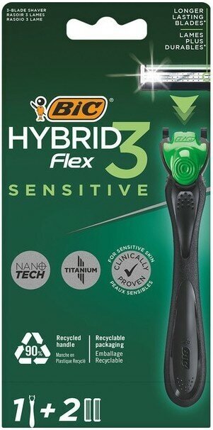 Бритва мужская BIC Flex 3 Hybrid Sensitive, 1 ручка и 2 сменные кассеты