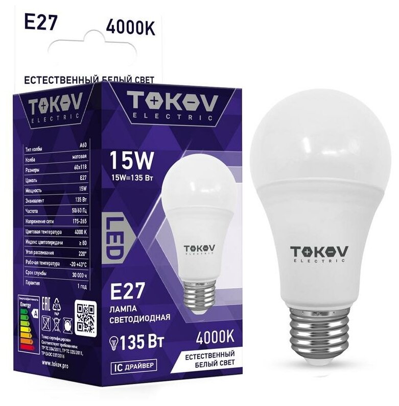 Лампа светодиодная 15Вт А60 4000К Е27 176-264В | код. TKE-A60-E27-15-4K | TOKOV ELECTRIC ( 1шт. )