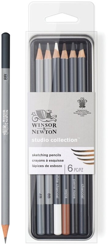 Набор чернографитных карандашей Winsor&Newton, (4В, 8В, белый мел, угольный, черный), в метал. пенале