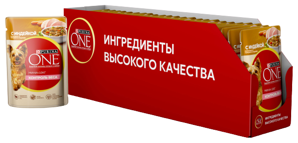 Влажный корм для собак мелких пород Purina ONE мини Контроль веса, с индейкой, морковью и горохом в подливе, Пауч, 85 г*26 шт