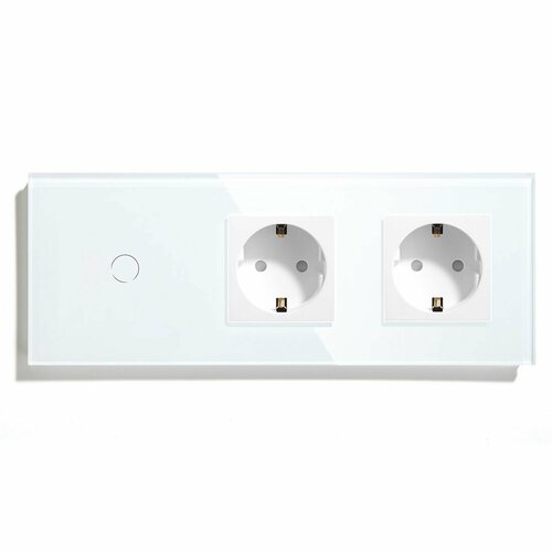 Белый одноклавишный сенсорный выключатель с двумя розетками, рамка из закаленного стекла