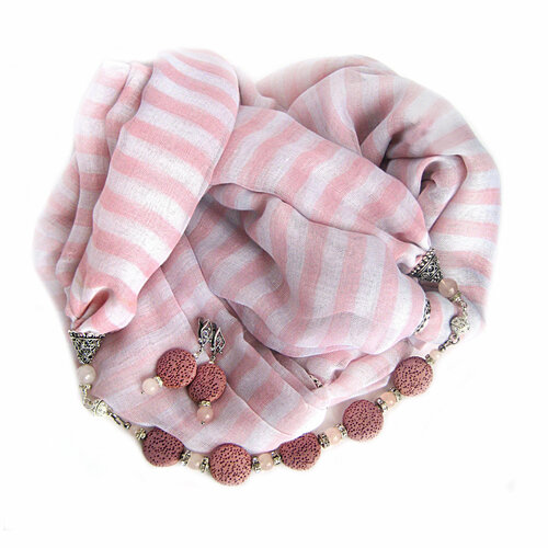 Комплект бижутерии Милор Такая пчёлка: колье, серьги, браслет, базальт, кварц, размер браслета 18 см, размер колье/цепочки 120 см, серый, розовый