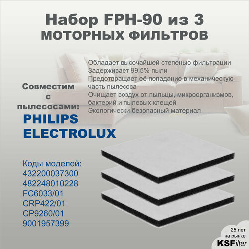 Моторные фильтры FPH90 для пылесосов PhilipsElectroluxBork CP9260 3 штуки в комплекте 550₽