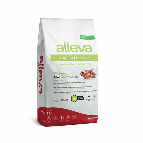 ALLEVA EQUILIBRIUM SENSITIVE DOG MINI MEDIUM беззерновой корм сухой для взрослых собак мелких и средних пород c ягненком и океанической рыбой, 5 кг