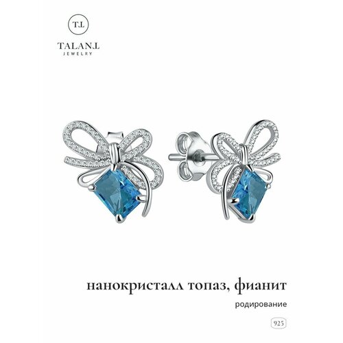 фото Серьги пусеты talant, серебро, 925 проба, родирование, фианит, топаз синтетический, , серебристый, голубой