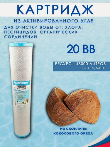 Изображение товара Картридж угольный активированный из кокосовой скорлупы, магистральный 112х508 мм (размер колбы BB20)