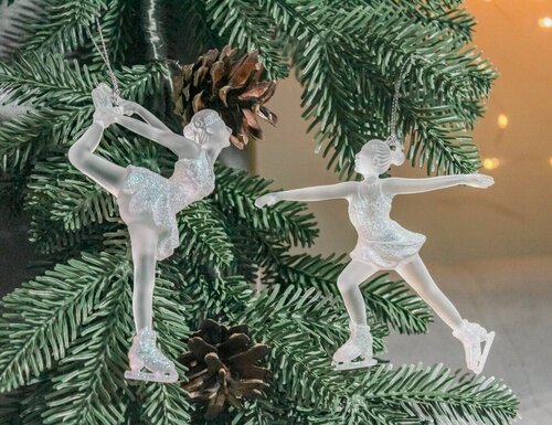 Изображение товара Набор акриловых ёлочных игрушек фигуристки, прозрачно-белые с радужным глиттером, 12 см, 2 шт, Forest Market 200665A