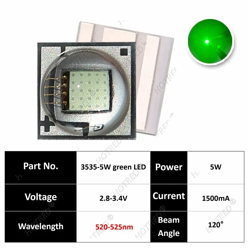 Светодиоды SMD 3535 HotRed 5 Вт красный/зеленый/синий 3535-5W Green LED, 5 Watt x 5 Pieces