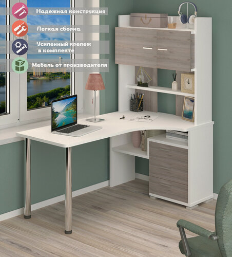 Изображение товара Стол компьютерный Мэрдэс СР-133-160 бен-прав Белый/Нельсон с надстройкой
