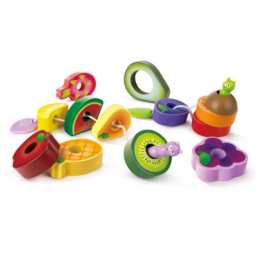 фото Игрушка деревянная шнуровка для детей "веселые гусеницы" (14 предметов - шнурки и фрукты) hape