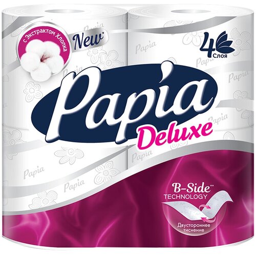 Бумага туалетная Papia Deluxe, 4-слойная, 4шт, тиснение, белая