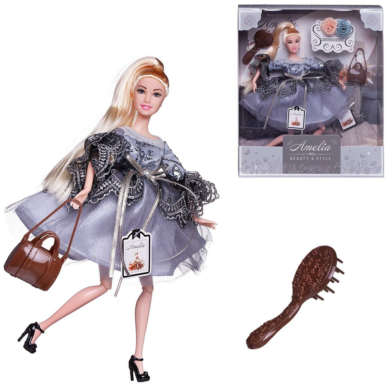 Кукла ABtoys "Amelia. Роскошное серебро" в платье с ажурными рукавами с двухслойной юбкой, светлые волосы 30см
