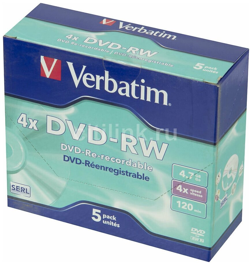 Оптический диск DVD-RW VERBATIM 4.7Гб 4x, 5шт, jewel case [43285]