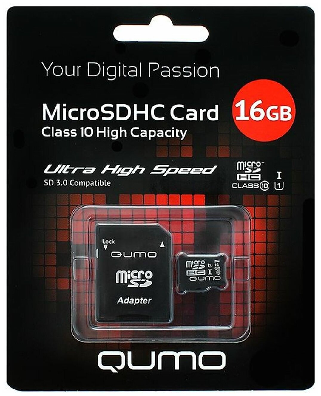 Карта памяти Qumo microSDHC 16 ГБ Class 10, V10, A1, UHS-I, R 90 МБ/с, адаптер на SD, 1 шт., серый