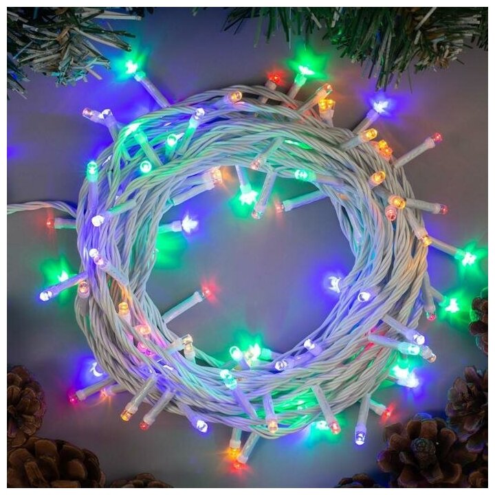 фото Гирлянда "Нить" 10 м , IP20, белая нить, 100 LED, свечение мульти, 8 режимов, 220 В