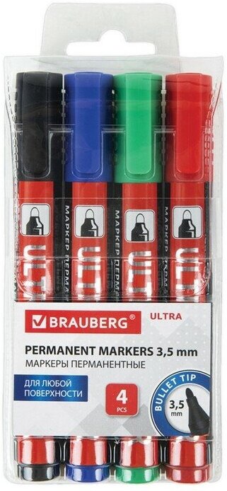 Brauberg Набор маркеров перманентных 4цв 3.5 мм BRAUBERG ULTRA MARKER, круглые 152208