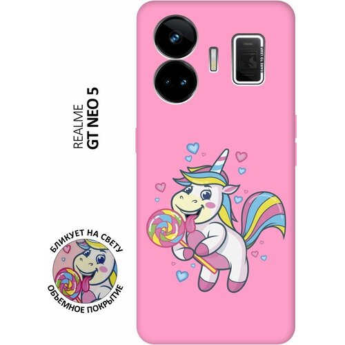 Матовый чехол Unicorn and candy для Realme GT Neo 5 / GT3 / Реалми ГТ Нео 5 / ГТ3 с 3D эффектом розовый матовый чехол на realme gt neo 5 gt3 реалми гт нео 5 гт3 soft touch черный