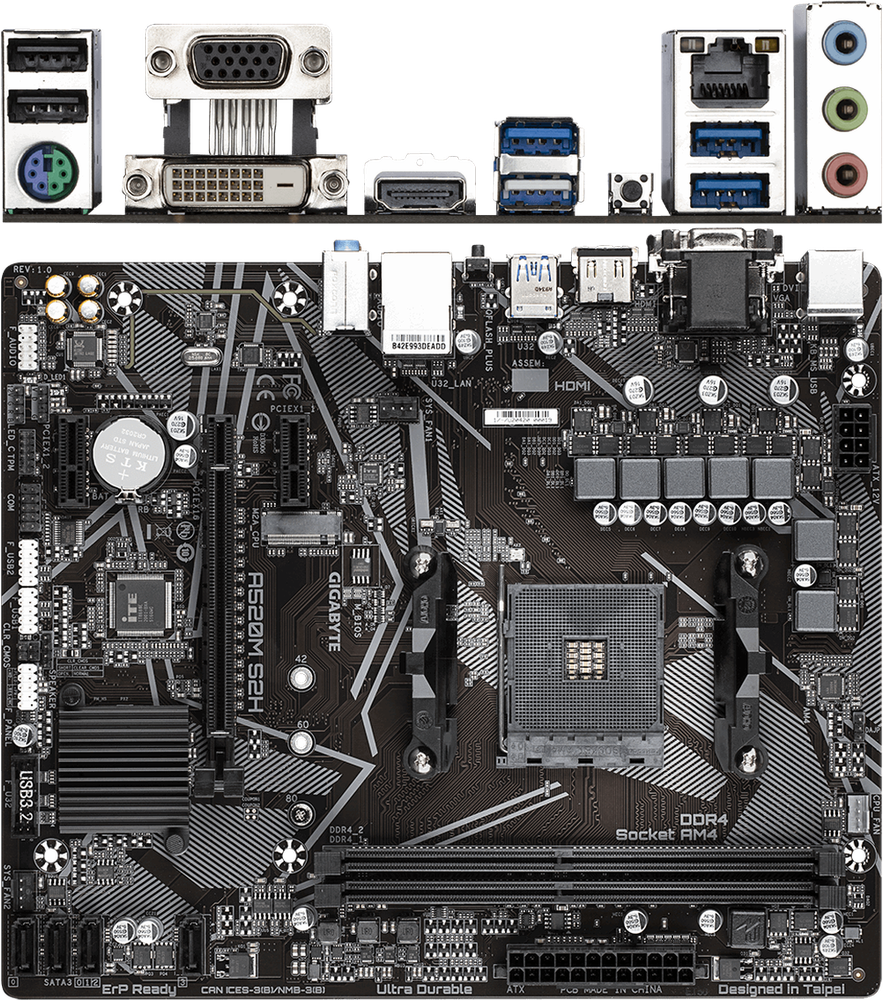 Материнская плата Gigabyte A520M S2H Socket-AM4 AMD A520 2xDDR4, 4xSATA3, RAID, 1xM.2, 1xPCI-E 16x, 4xUSB 3.2, D-Sub, DVI-D, HDMI, GLAN mATX Ret