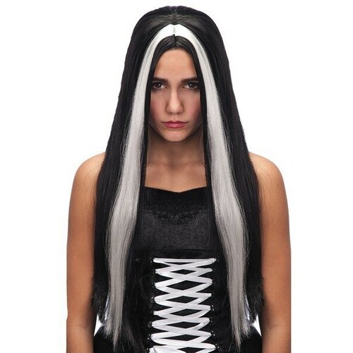 Парик черный с прямыми волосами с белыми прядями