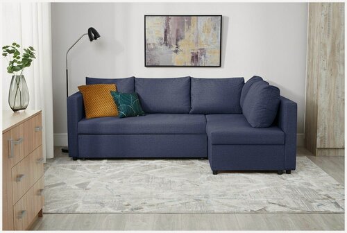 Изображение товара Угловой диван кровать раскладной Мансберг синий рогожка с ящиком для белья для дома и дачи Фабрика Диван 365