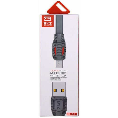 USB-кабель BYZ BL-651 AM-microBM 1,2 метра, 2.4A, силикон, плоский, серый usb кабель byz bl 628m am microbm 2 метра 2 1a пвх белый