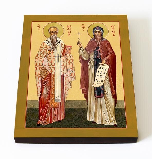 Равноапостольные Кирилл и Мефодий, икона на доске 8*10 см