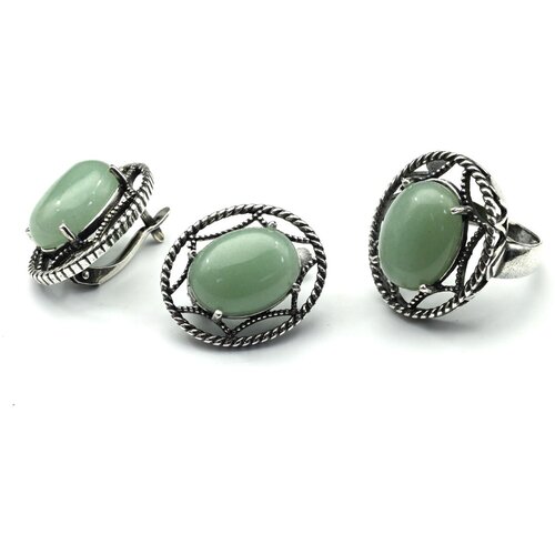 Комплект бижутерии: серьги, кольцо, нефрит, размер кольца 19, зеленый