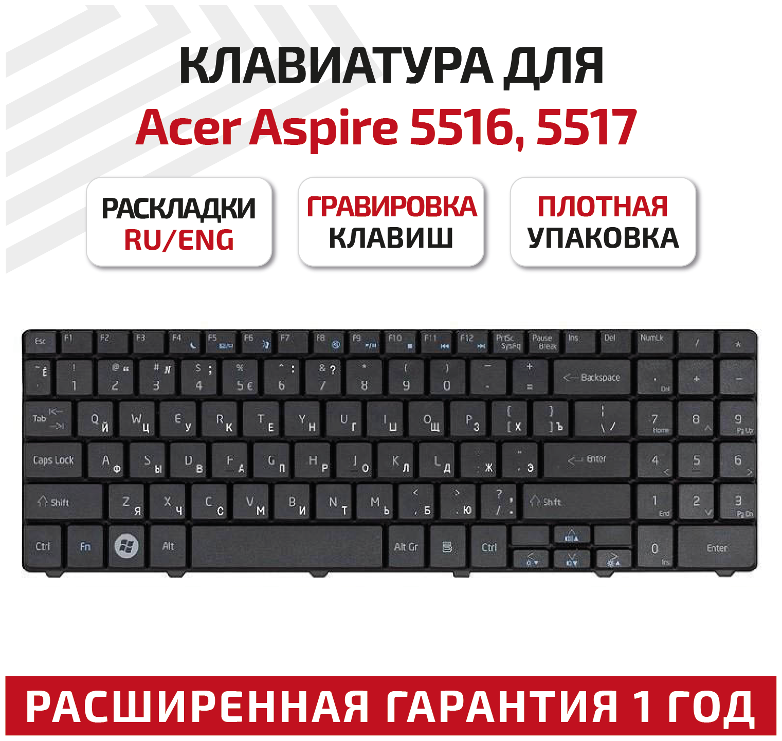 Клавиатура (keyboard) NSK-GFB0R для ноутбука Acer Aspire 5241 5332 5334 5516 5517 5532 5534 5541 5541G eMachines E430 E525 E527 черная