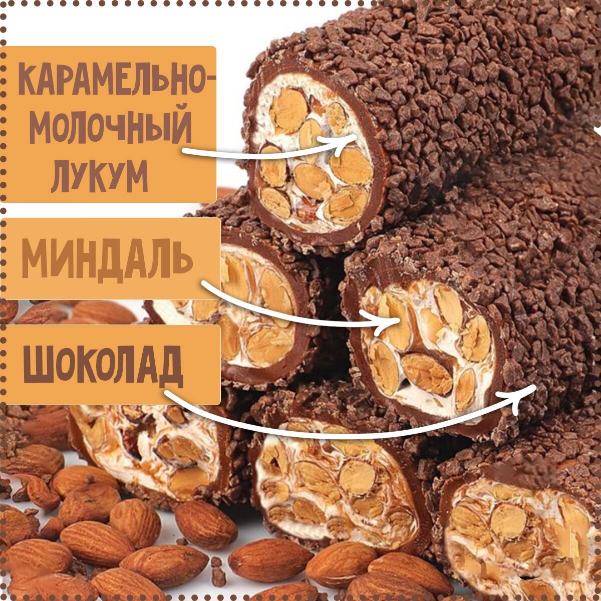 Турецкий Рахат-Лукум молочно-карамельная нуга с миндалем в шоколаде, упаковка 300 грамм. - фотография № 3