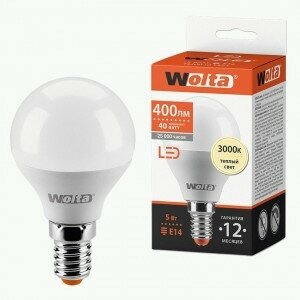 Светодиодная LED лампа Wolta лампа шар G45 E14 5W (400lm) 3000К 3K 81x45 25Y45GL5E14 (упаковка 18 штук)