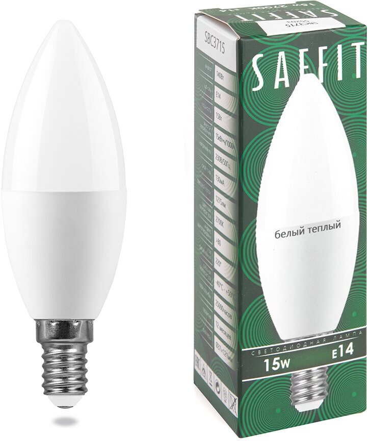 Saffit свеча C37 E14 15W(1275lm) 2700K 2K матовая 121x37 SBC3715 55203