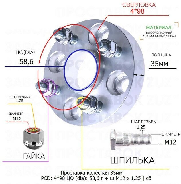 Проставка колёсная 1 шт 35мм 4*98 ЦО 58,6 Крепёж в комплекте Гайка + Шпилька М12*1,25 ступичная с бортиком для дисков 1 шт на ступицу 4x98 4х98