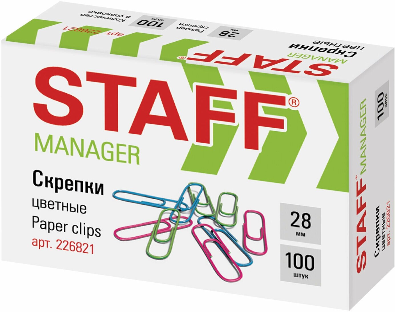 Скрепки 28мм Staff "Manager", 100шт, цветные