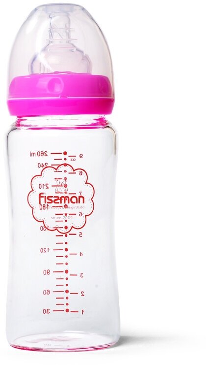 Бутылочка Fissman для кормления с широким горлышком 260 мл, цвет розовый (жаростойкое стекло) (9165)