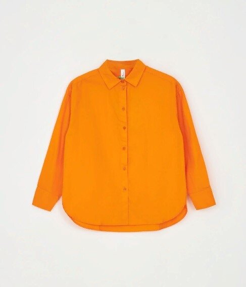 Рубашка Sela, оверсайз, на пуговицах, длинный рукав, карманы, манжеты, однотонная, размер 140, оранжевый